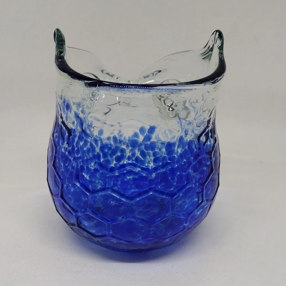 Vintage Cracker Barrel Clear and Cobalt Blue Splatter Art‎ Glass Owl Vase